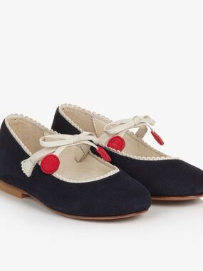 Navy Suede Bonpoint Mary Jane Flats with cherry.   Elastic band across foot.